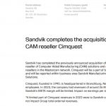 山特维克完成收购美国CAM解决方案巨头Cimquest，加强制造与加工业务